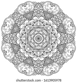 Mandala, tracery wheel mehndi design. Ethnic ornament, doodle symmetry texture. Folk traditional spiritual tribal design. Curved shape, isolated on white. Binary monochrome black and white art. Vector
