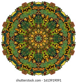 Mandala, tracery wheel mehndi design. Ethnic ornament, colorful doodle symmetry texture. Folk traditional spiritual tribal design. Curved shape, isolated on white. Color art. Vector