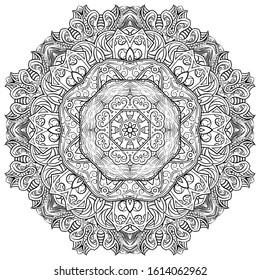 Mandala, tracery wheel mehndi design. Ethnic ornament, doodle symmetry texture. Folk traditional spiritual tribal design. Curved shape, isolated on white. Binary monochrome black and white art. Vector