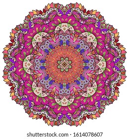 Mandala, tracery wheel mehndi design. Ethnic ornament, colorful doodle symmetry texture. Folk traditional spiritual tribal design. Curved shape, isolated on white. Color art. Vector