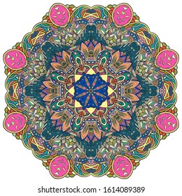 Mandala, tracery wheel mehndi design. Ethnic ornament, colorful doodle symmetry texture. Folk traditional spiritual tribal design. Curved shape, isolated on white. Color art. Vector