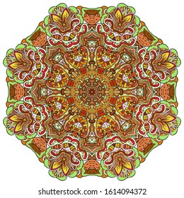 Mandala, tracery wheel mehndi design. Ethnic ornament, colorful doodle symmetry texture. Folk traditional spiritual tribal design. Curved shape, isolated on white. Color art. Vector