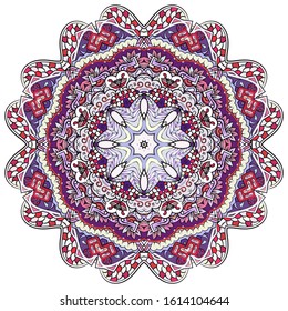 Mandala, tracery wheel mehndi design. Ethnic ornament, colorful doodle symmetry texture. Folk traditional spiritual tribal design. Curved shape, isolated on white. Color art. Vector