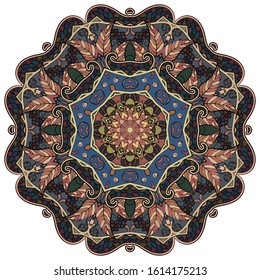 Mandala, tracery wheel mehndi design. Ethnic ornament, colorful doodle symmetry texture. Folk traditional spiritual tribal design. Curved shape, isolated on white. Color art. Vector