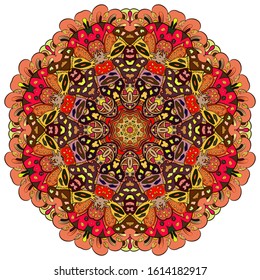Mandala, tracery wheel mehndi design. Ethnic ornament, colorful doodle symmetry texture. Folk traditional spiritual tribal design. Curved shape, isolated on white. Color art. Vector