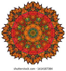Mandala, tracery wheel mehndi design. Ethnic ornament, colorful doodle symmetry texture. Folk traditional spiritual tribal design. Curved shape, isolated on white. Color art. Vector