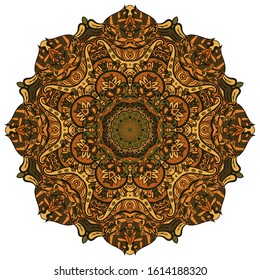 Mandala, tracery wheel mehndi design. Ethnic ornament, colorful doodle symmetry texture. Folk traditional spiritual tribal design. Curved shape, isolated on white. Color art. Vector