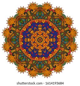 Mandala, tracery wheel mehndi design. Ethnic ornament, colorful doodle symmetry texture. Folk traditional spiritual tribal design. Curved shape, isolated on white. Color art. Vector