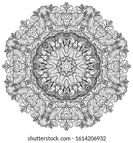 Mandala, tracery wheel mehndi design. Ethnic ornament, doodle symmetry texture. Folk traditional spiritual tribal design. Curved shape, isolated on white. Binary monochrome black and white art. Vector