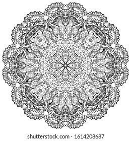 Mandala, tracery wheel mehndi design. Ethnic ornament, doodle symmetry texture. Folk traditional spiritual tribal design. Curved shape, isolated on white. Binary monochrome black and white art. Vector