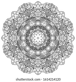 Mandala, tracery wheel mehndi design. Ethnic ornament, doodle symmetry texture. Folk traditional spiritual tribal design. Curved shape, isolated on white. Binary monochrome black and white art. Vector