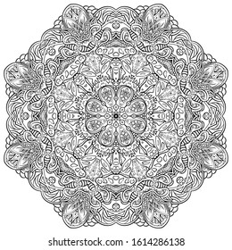 Mandala, tracery wheel mehndi design. Ethnic ornament, doodle symmetry texture. Folk traditional spiritual tribal design. Curved shape, isolated on white. Binary monochrome black and white art. Vector