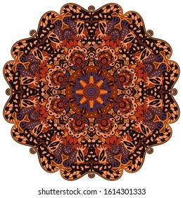Mandala, tracery wheel mehndi design. Ethnic ornament, colorful doodle symmetry texture. Folk traditional spiritual tribal design. Curved shape, isolated on white. Color art. Vector