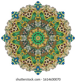 Mandala, tracery wheel mehndi design. Ethnic ornament, colorful doodle symmetry texture. Folk traditional spiritual tribal design. Curved shape, isolated on white. Color art. Vector