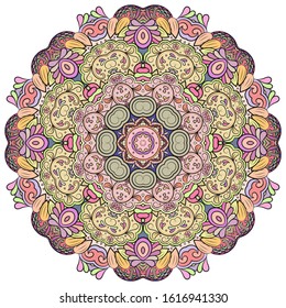 Mandala, tracery wheel mehndi design. Ethnic ornament, colorful doodle symmetry texture. Folk traditional spiritual tribal design. Curved shape, isolated on white. Color art. Vector
