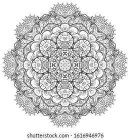 Mandala, tracery wheel mehndi design. Ethnic ornament, doodle symmetry texture. Folk traditional spiritual tribal design. Curved shape, isolated on white. Binary monochrome black and white art. Vector