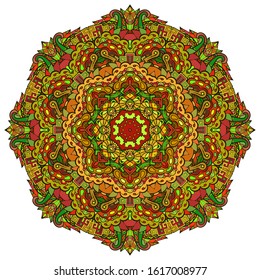 Mandala, tracery wheel mehndi design. Ethnic ornament, colorful doodle symmetry texture. Folk traditional spiritual tribal design. Curved shape, isolated on white. Color art. Vector