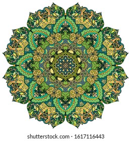 Mandala, tracery wheel mehndi design. Ethnic ornament, colorful doodle symmetry texture. Folk traditional spiritual tribal design. Curved shape, isolated on white. Color art. Vector