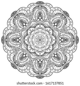 Mandala, tracery wheel mehndi design. Ethnic ornament, doodle symmetry texture. Folk traditional spiritual tribal design. Curved shape, isolated on white. Binary monochrome black and white art. Vector