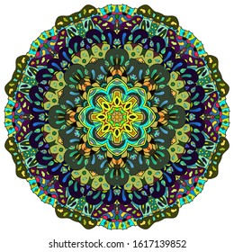 Mandala, tracery wheel mehndi design. Ethnic ornament, colorful doodle symmetry texture. Folk traditional spiritual tribal design. Curved shape, isolated on white. Color art. Vector