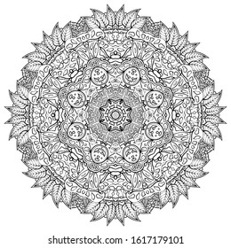 Mandala, tracery wheel mehndi design. Ethnic ornament, doodle symmetry texture. Folk traditional spiritual tribal design. Curved shape, isolated on white. Binary monochrome black and white art. Vector