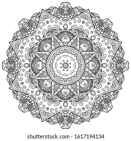 Mandala, tracery wheel mehndi design. Ethnic ornament, doodle symmetry texture. Folk traditional spiritual tribal design. Curved shape, isolated on white. Binary monochrome black and white art. Vector