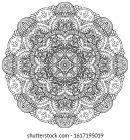 Mandala, tracery wheel mehndi design. Ethnic ornament, doodle symmetry texture. Folk traditional spiritual tribal design. Curved shape, isolated on white. Binary monochrome black and white art. Vector