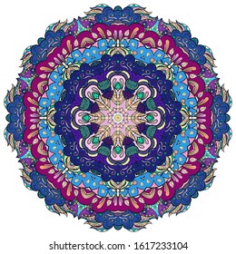 Mandala, tracery wheel mehndi design. Ethnic ornament, colorful doodle symmetry texture. Folk traditional spiritual tribal design. Curved shape, isolated on white. Color art. Vector