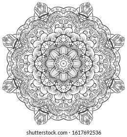 Mandala, tracery wheel mehndi design. Ethnic ornament, doodle symmetry texture. Folk traditional spiritual tribal design. Curved shape, isolated on white. Binary monochrome black and white art. Vector