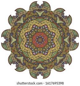 Mandala, tracery wheel mehndi design. Ethnic ornament, colorful doodle symmetry texture. Folk traditional spiritual tribal design. Curved shape, isolated on white. Color art. Vector