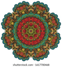 Mandala, tracery wheel mehndi design. Ethnic ornament, colorful doodle symmetry texture. Folk traditional spiritual tribal design. Curved shape, isolated on white. Color art. Vector