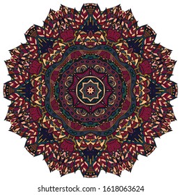 Mandala, tracery wheel mehndi design. Ethnic ornament, colorful doodle symmetry texture. Folk traditional spiritual tribal design. Curved shape, isolated on white. Color art. Vector