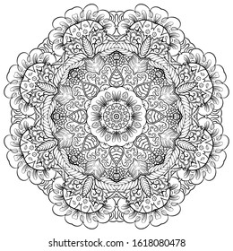 Mandala, tracery wheel mehndi design. Ethnic ornament, doodle symmetry texture. Folk traditional spiritual tribal design. Curved shape, isolated on white. Binary monochrome black and white art. Vector