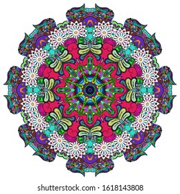Mandala, tracery wheel mehndi design. Ethnic ornament, colorful doodle symmetry texture. Folk traditional spiritual tribal design. Curved shape, isolated on white. Color art. Vector
