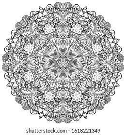 Mandala, tracery wheel mehndi design. Ethnic ornament, doodle symmetry texture. Folk traditional spiritual tribal design. Curved shape, isolated on white. Binary monochrome black and white art. Vector