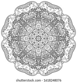 Mandala, tracery wheel mehndi design. Ethnic ornament, doodle symmetry texture. Folk traditional spiritual tribal design. Curved shape, isolated on white. Binary monochrome black and white art. Vector