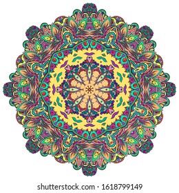 Mandala, tracery wheel mehndi design. Ethnic ornament, colorful doodle symmetry texture. Folk traditional spiritual tribal design. Curved shape, isolated on white. Color art. Vector