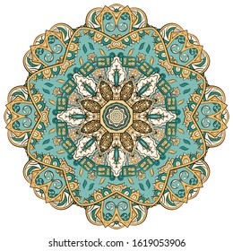 Mandala, tracery wheel mehndi design. Ethnic ornament, colorful doodle symmetry texture. Folk traditional spiritual tribal design. Curved shape, isolated on white. Color art. Vector