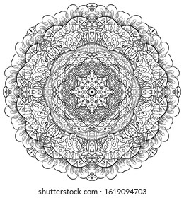 Mandala, tracery wheel mehndi design. Ethnic ornament, doodle symmetry texture. Folk traditional spiritual tribal design. Curved shape, isolated on white. Binary monochrome black and white art. Vector