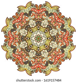 Mandala, tracery wheel mehndi design. Ethnic ornament, colorful doodle symmetry texture. Folk traditional spiritual tribal design. Curved shape, isolated on white. Color art. Vector