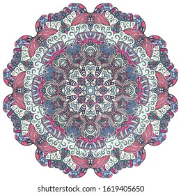 Mandala, tracery wheel mehndi design. Ethnic ornament, colorful doodle symmetry texture. Folk traditional spiritual tribal design. Curved shape, isolated on white. Color art. Vector
