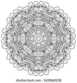 Mandala, tracery wheel mehndi design. Ethnic ornament, doodle symmetry texture. Folk traditional spiritual tribal design. Curved shape, isolated on white. Binary monochrome black and white art. Vector