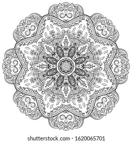 Mandala, tracery wheel mehndi design. Ethnic ornament, doodle symmetry texture. Folk traditional spiritual tribal design. Curved shape, isolated on white. Binary monochrome black and white art. Vector