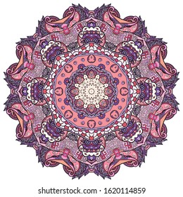 Mandala, tracery wheel mehndi design. Ethnic ornament, colorful doodle symmetry texture. Folk traditional spiritual tribal design. Curved shape, isolated on white. Color art. Vector