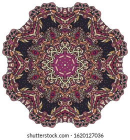 Mandala, tracery wheel mehndi design. Ethnic ornament, colorful doodle symmetry texture. Folk traditional spiritual tribal design. Curved shape, isolated on white. Color art. Vector