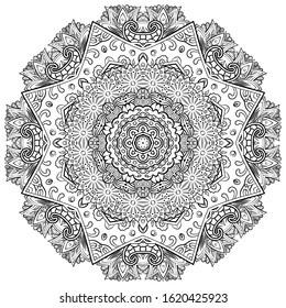 Mandala, tracery wheel mehndi design. Ethnic ornament, doodle symmetry texture. Folk traditional spiritual tribal design. Curved shape, isolated on white. Binary monochrome black and white art. Vector