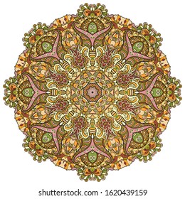Mandala, tracery wheel mehndi design. Ethnic ornament, colorful doodle symmetry texture. Folk traditional spiritual tribal design. Curved shape, isolated on white. Color art. Vector