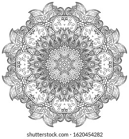 Mandala, tracery wheel mehndi design. Ethnic ornament, doodle symmetry texture. Folk traditional spiritual tribal design. Curved shape, isolated on white. Binary monochrome black and white art. Vector