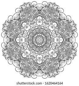 Mandala, tracery wheel mehndi design. Ethnic ornament, doodle symmetry texture. Folk traditional spiritual tribal design. Curved shape, isolated on white. Binary monochrome black and white art. Vector