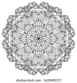 Mandala, tracery wheel mehndi design. Ethnic ornament, doodle symmetry texture. Folk traditional spiritual tribal design. Curved shape, isolated on white. Binary monochrome black and white art. Vector